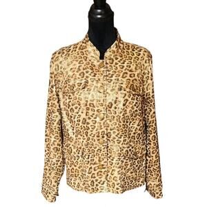 Chicos Leopard Print Jacket Size 2 (Large 12) Jacket Metallic Gold Buttons NEW